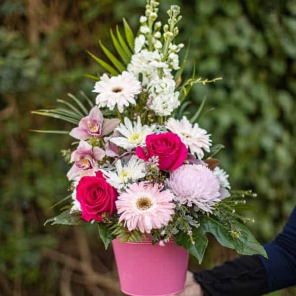 Vibrant pink and white floral arrangement in pink pot, perfect for occasions.