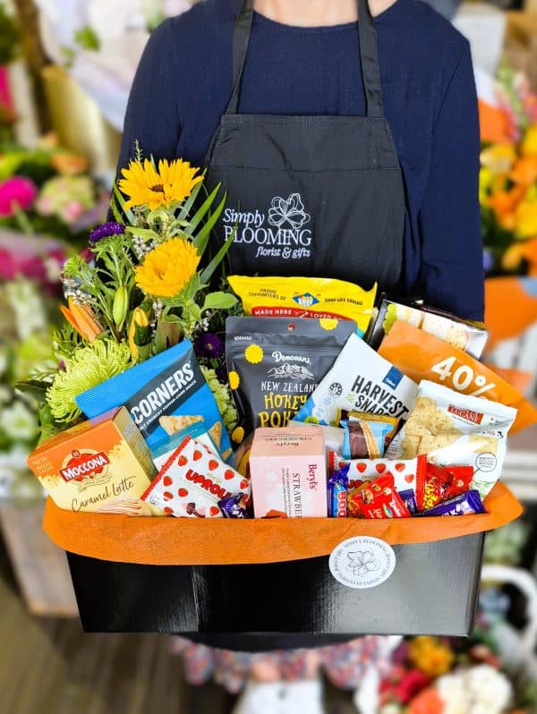 Gourmet Gift Hamper with a Bright and Colourful Posy Box of Flowers