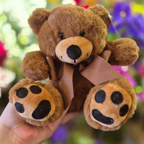 Adorable brown teddy bear with paw-print feet and charming facial features, ideal for kids and collectors.