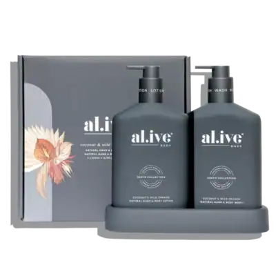 Cream and orange floral hand and body lotion set for natural skincare.