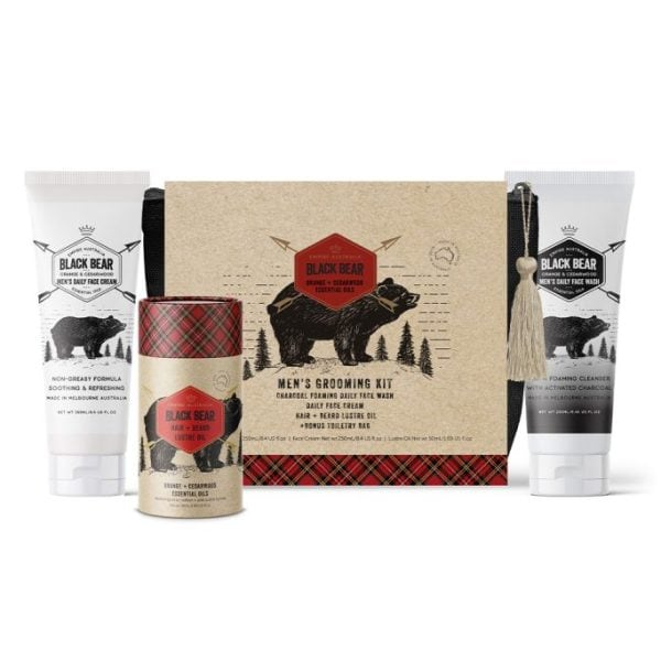 EMP4750-1 Rich men's grooming kit with beard oil, face wash, and cream featuring natural ingredients.