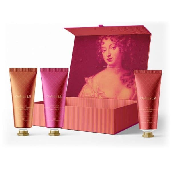 Luxurious hand cream gift set with colourful tubes and vintage-inspired packaging featuring classical artwork, perfect for gifting or personal indulgence.
