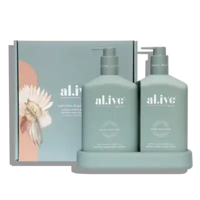 Luxury natural hand and body lotion and wash set with kaffir lime and green tea scent.