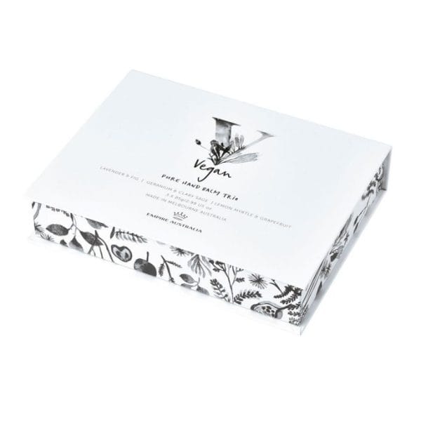 Vegan hand balm trio packaging featuring botanical illustrations, ideal for natural skincare and hand care solutions.