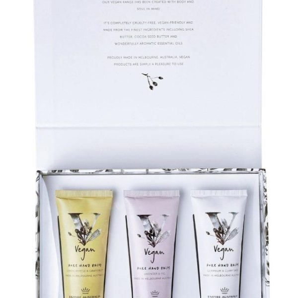 Vegan hand balm gift set with natural scents, eco-friendly skincare, perfect for sensitive skin.