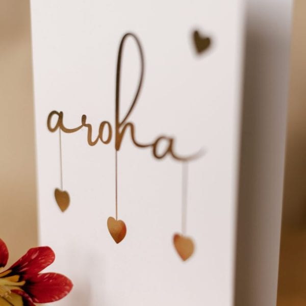 Arohka greeting card with hanging heart decorations, perfect for special occasions.