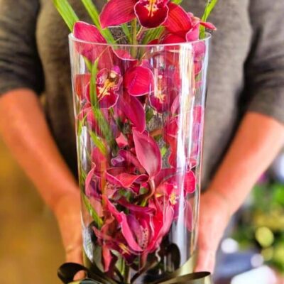 Vibrant pink orchid flower arrangement in a tall glass vase with a black ribbon, perfect for floral gifts.