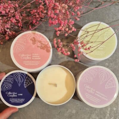 Peach and orange blossom scented soy wax candle, natural botanical design.