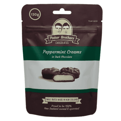 Potter Brothers Peppermint Creams in Dark Chocolate, NZ-made chocolates, gourmet peppermint treats, artisanal sweet snacks.