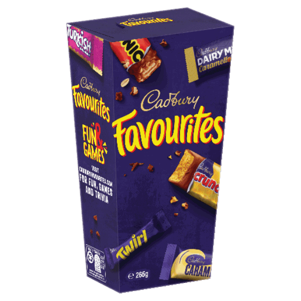 cadbury favourites chocolates 265g Cadbury Favourites chocolate box featuring a selection of classic Cadbury chocolates for gift-giving and enjoyment.