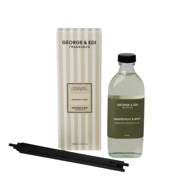 Grapefruit & Mint reed diffuser refill oil by George & Edi, perfumed and long-lasting scent in NZ.