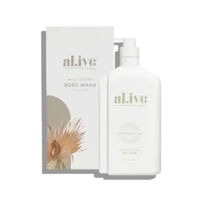 Mango & lychee body wash in minimalist white bottle, eco-friendly packaging from Simply Blooming NZ.