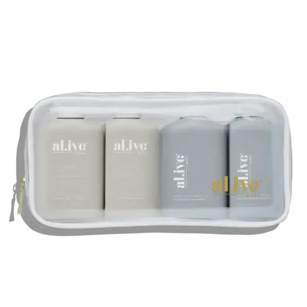 Moisturising body care products in a clear travel bag, minimalist, white and grey tones.