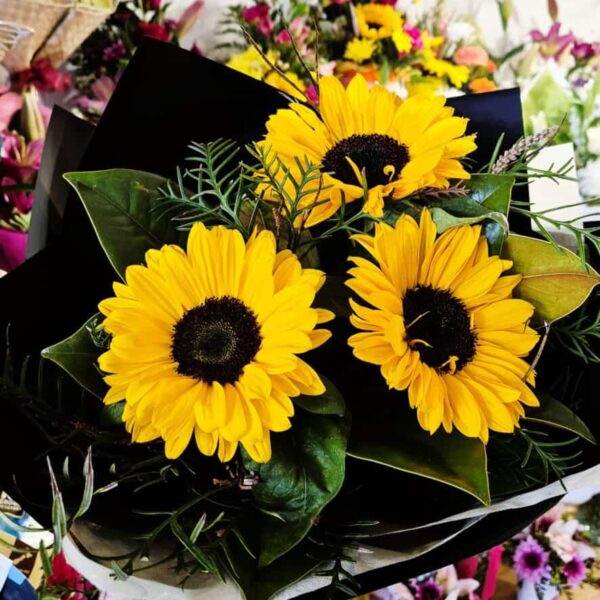 Bright yellow sunflowers with dark centers in a stylish bouquet, perfect for cheerful floral arrangements.