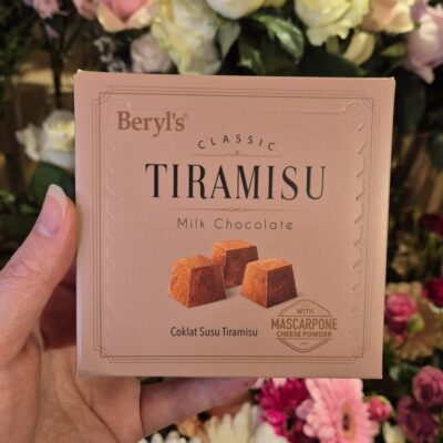 Delicious Beryls Classic Tiramisu milk chocolate with mascarpone cheese powder in elegant pink packaging.