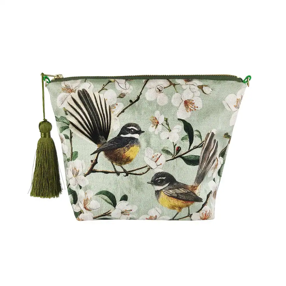 Vibrant fabric cosmetic bag featuring spring birds and blooming blossoms, ideal for eco-conscious travel and organisation.