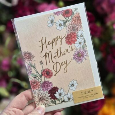 Mother's Day floral greeting card with colorful flowers and elegant script.