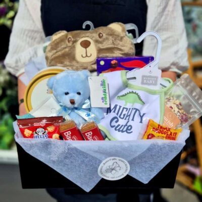 Baby gift basket with plush teddy bear, blue teddy, and assorted snacks for new parents and babies.