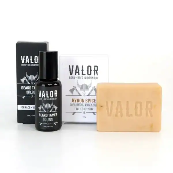 Valor grooming kit featuring beard tamer and soap, perfect for men's facial hair care in Byron Bay.