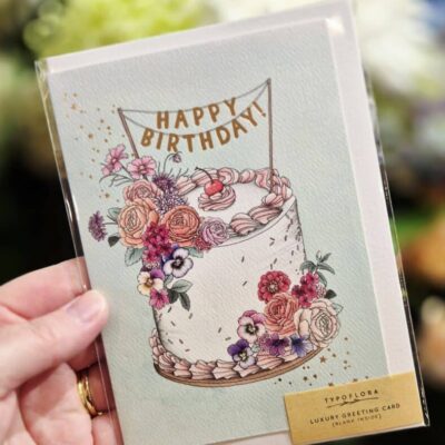 Birthday cake greeting card with floral decorations and "Happy Birthday" banner.