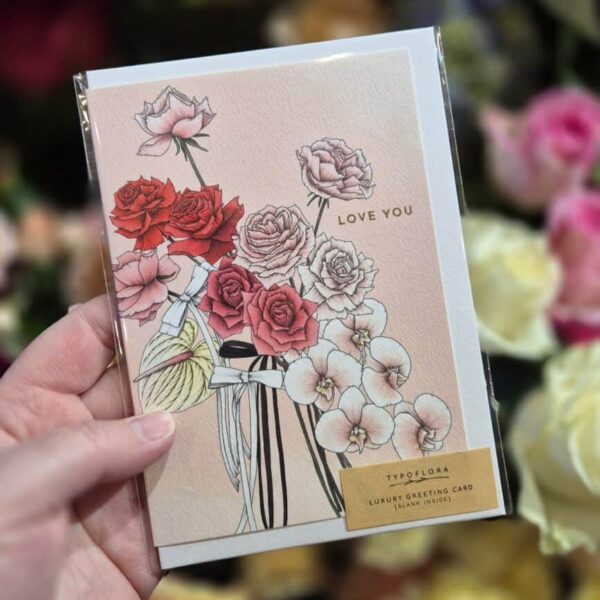 Elegant floral greeting card featuring pink roses, orchids, and "Love You" message.