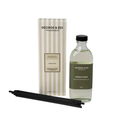 Reed diffuser refill bottle with French Pear fragrance by George & Edi, perfect for home scent enhan.