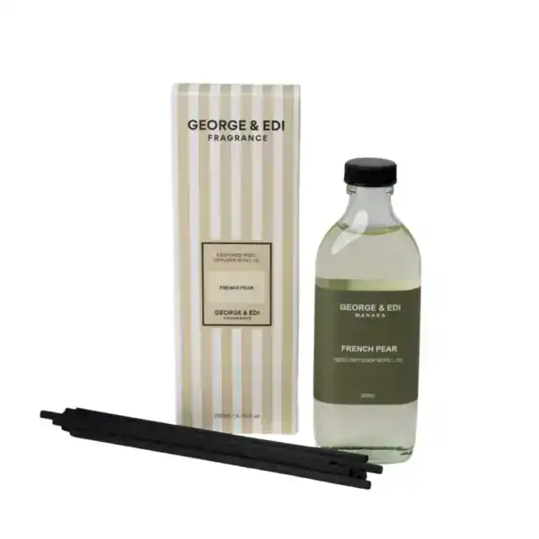 Reed diffuser refill bottle with French Pear fragrance by George & Edi, perfect for home scent enhan.