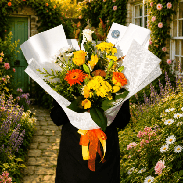 Beautiful floral bouquet with yellow, orange, and white blooms in a garden setting.