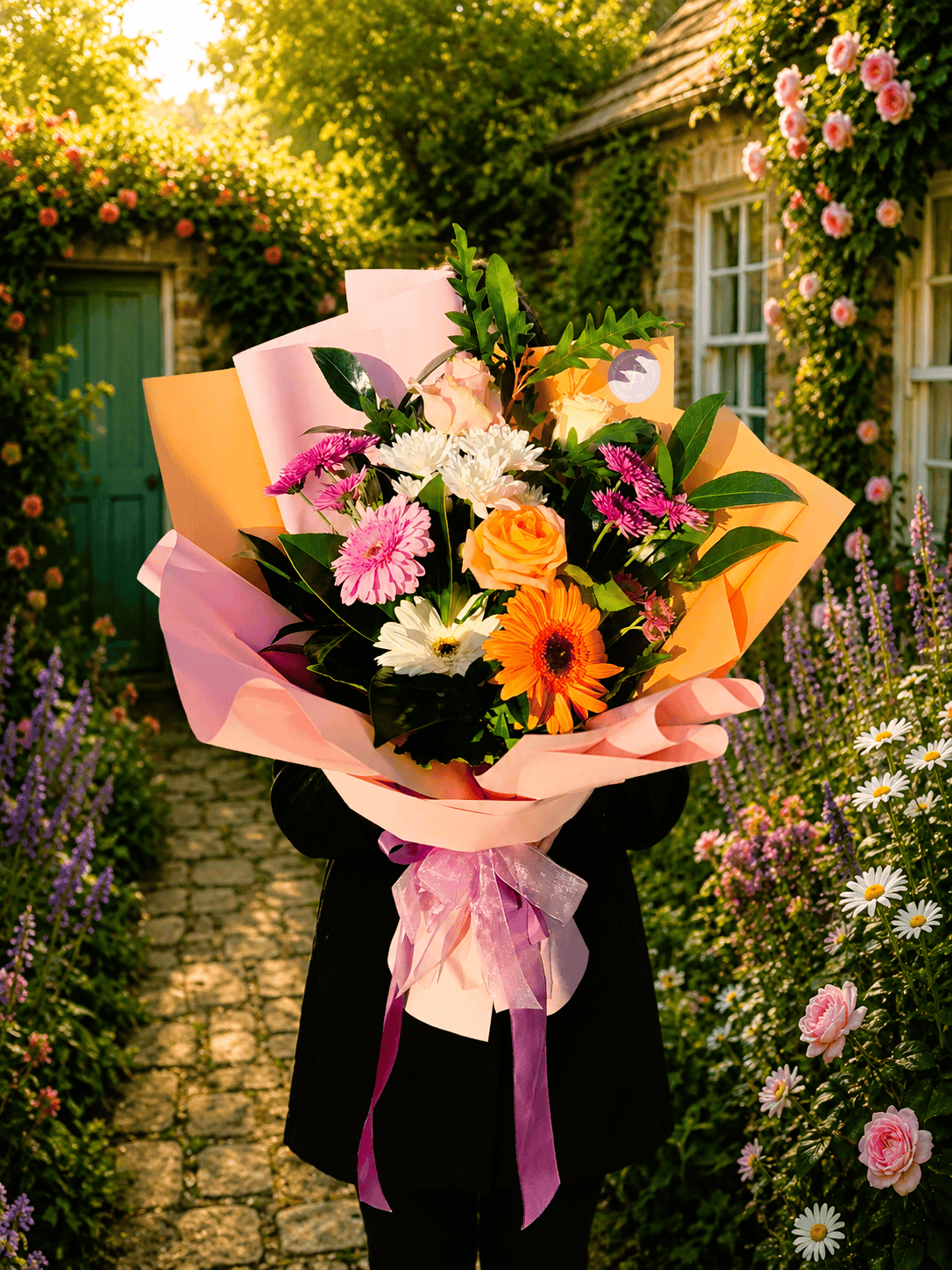 Vibrant mixed flower bouquet with roses, daisies, and sunflowers in a garden setting.