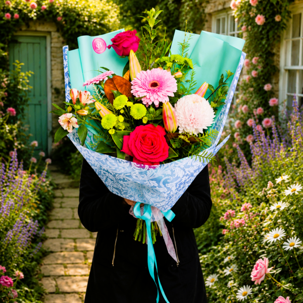 Vibrant mixed flower bouquet with roses, gerbera, and greenery, perfect for special occasions.