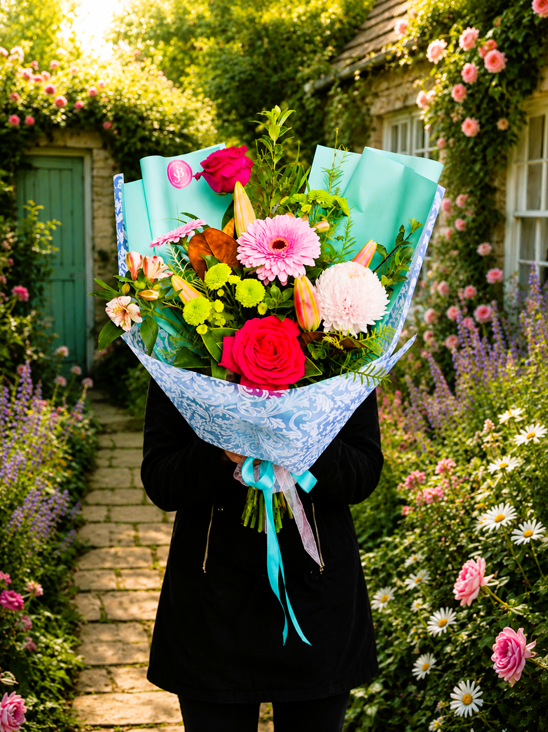 Vibrant mixed flower bouquet with roses, gerbera, and greenery, perfect for special occasions.